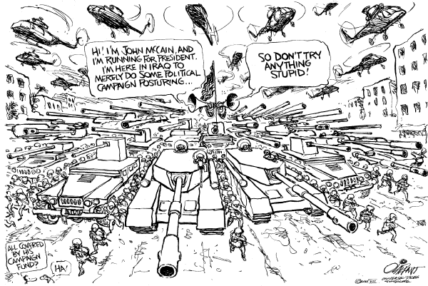 Editorial Cartoon by Pat Oliphant, Universal Press Syndicate on McCain Visits Iraq