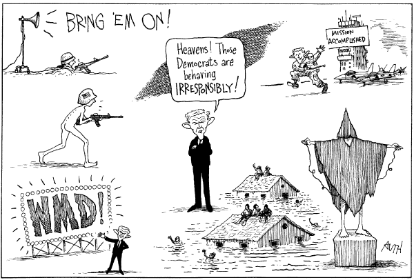 Editorial Cartoon by Tony Auth, Philadelphia Inquirer on President Pledges Not to Back Down