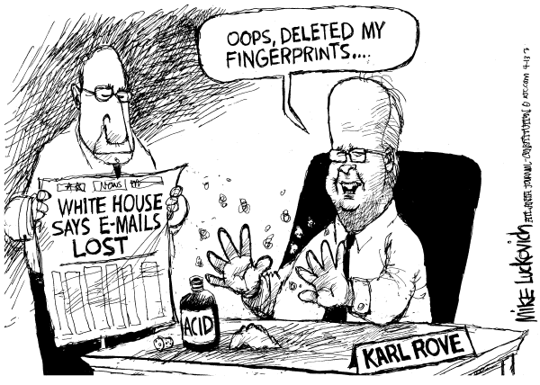 Editorial Cartoon by Mike Luckovich, Atlanta Journal-Constitution on Lost E-Mails Add to Attorney Scandal