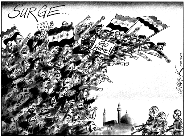Editorial Cartoon by Peter Schrank, The Independent, London, UK on Gunmen Kill Scores in Iraq