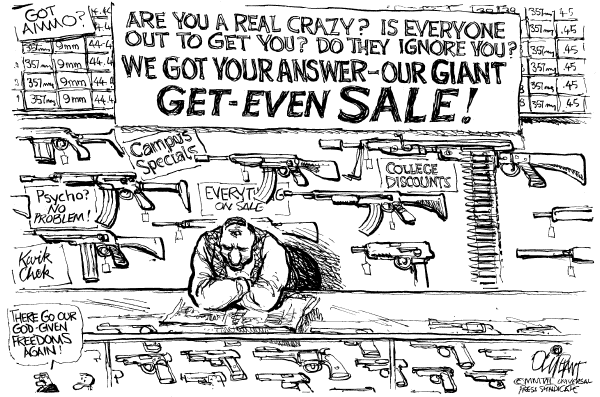 Editorial Cartoon by Pat Oliphant, Universal Press Syndicate on Questions Remain Regarding Shootings