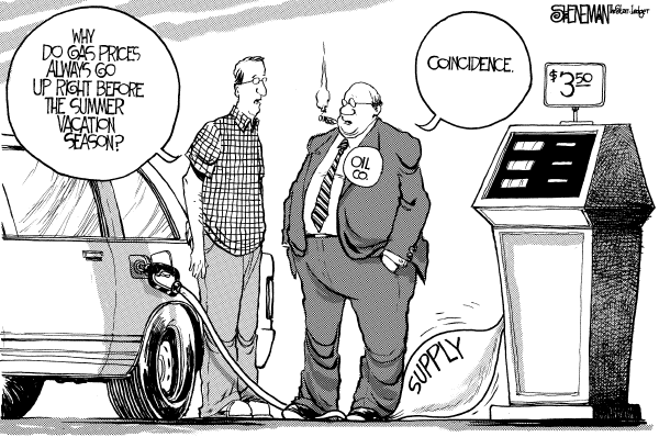 Editorial Cartoon by Drew Sheneman, Newark Star Ledger on Gas Hits Record Price