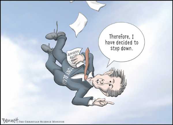Editorial Cartoon by Clay Bennett, Christian Science Monitor on Blair to Step Down