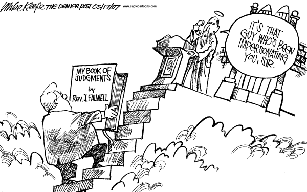 Editorial Cartoon by Mike Keefe, Denver Post on Jerry Falwell Dead at 73