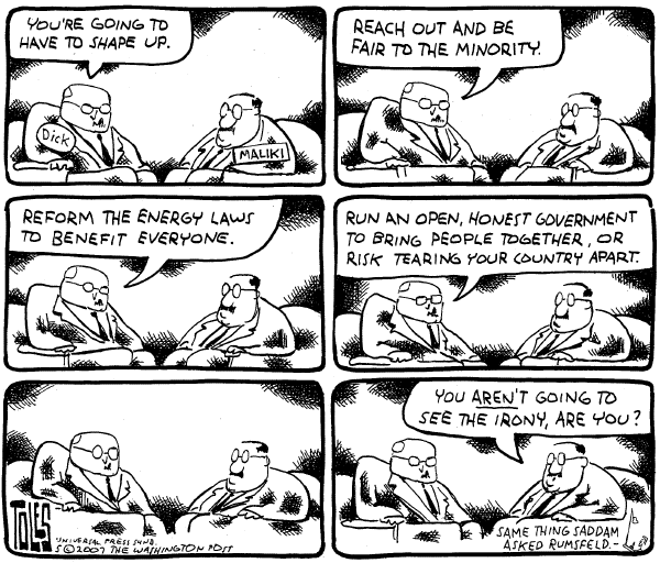Editorial Cartoon by Tom Toles, Washington Post on Cheney Gets Tough with Iraq