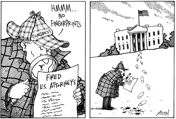 Editorial Cartoon by Tony Auth, Philadelphia Inquirer on Bush Expresses Support for Gonzales