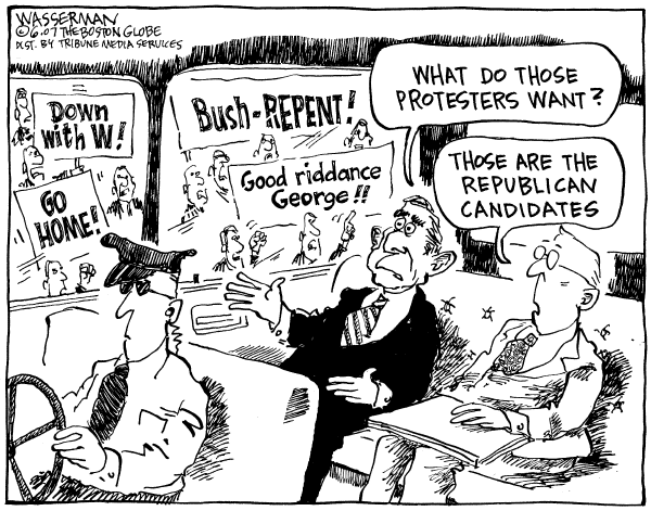 Editorial Cartoon by Dan Wasserman, Boston Globe on President Staying His Course