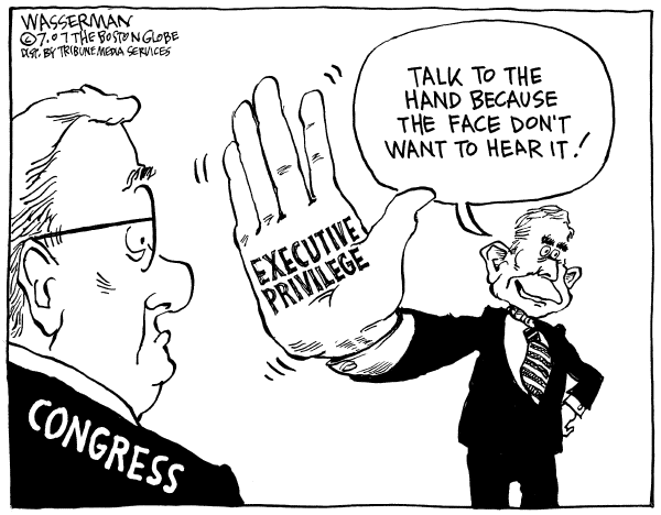 Editorial Cartoon by Dan Wasserman, Boston Globe on President Unburdened by Investigations