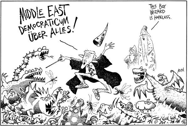 Editorial Cartoon by Tony Auth, Philadelphia Inquirer on Bush Pleased With Progress in Iraq