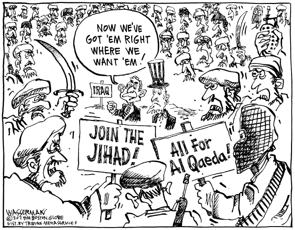 Editorial Cartoon by Dan Wasserman, Boston Globe on Bush Pleased With Progress in Iraq