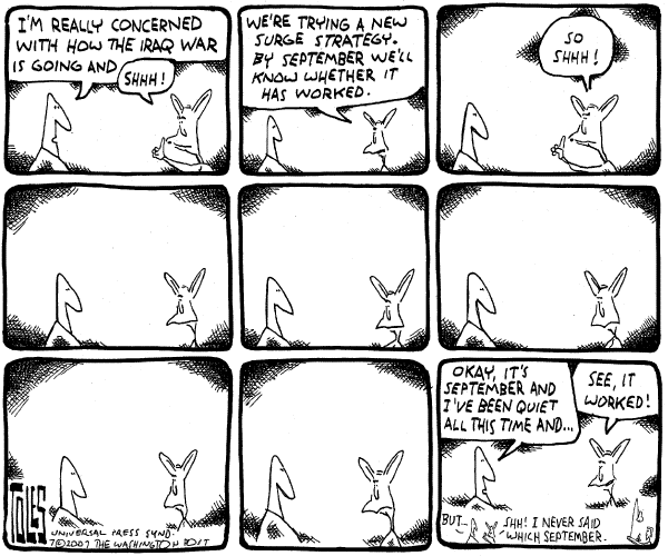 Editorial Cartoon by Tom Toles, Washington Post on Bush Pleased With Progress in Iraq