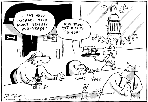 Editorial Cartoon by Joel Pett, Lexington Herald-Leader, CWS/CartoonArts Intl. on Football Star in Dog Fighting Scandal