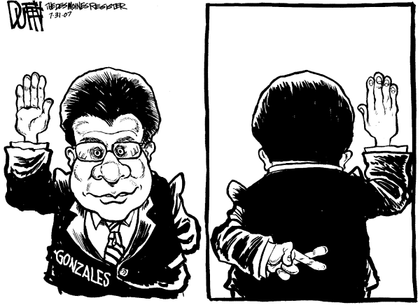 Editorial Cartoon by Brian Duffy, Des Moines Register on Gonzales’ Testimony True to Form