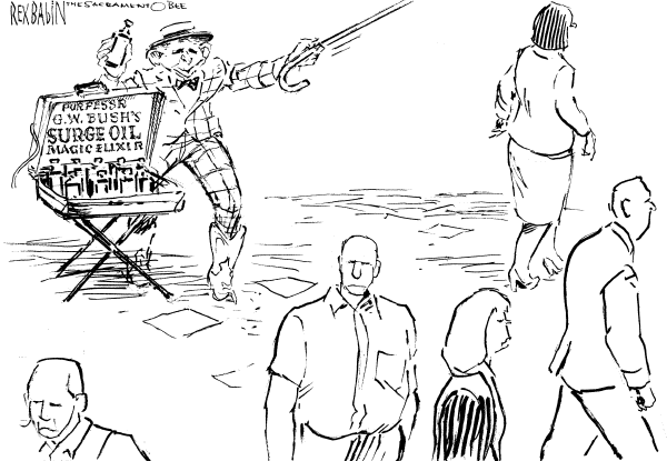 Editorial Cartoon by Rex Babin, Sacramento Bee on Bush Pleased With Iraq War