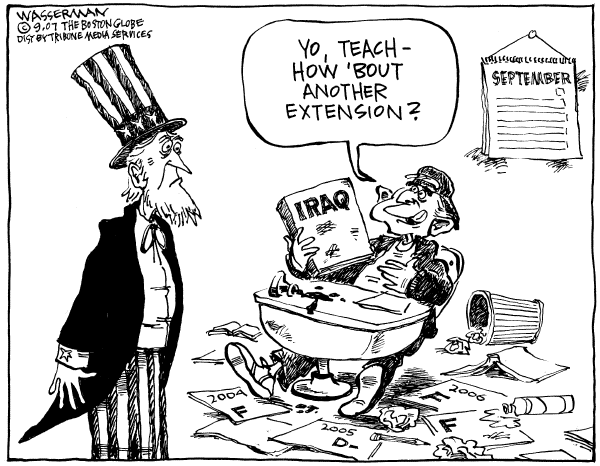 Editorial Cartoon by Dan Wasserman, Boston Globe on President Supports Patraeus Plan