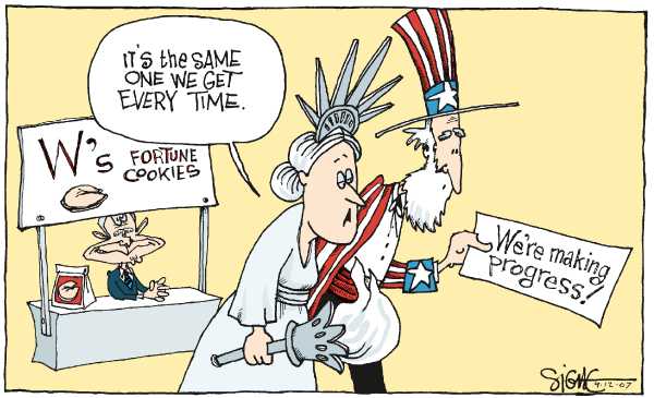 Editorial Cartoon by Signe Wilkinson, Philadelphia Daily News on President Supports Patraeus Plan