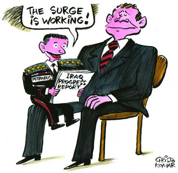 Editorial Cartoon by Christo Komarnitski, Sega, Sofia, Bulgaria on General Patraeus Testifies