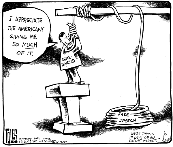 Editorial Cartoon by Tom Toles, Washington Post on Ahmadinejad Speaks at Columbia, UN
