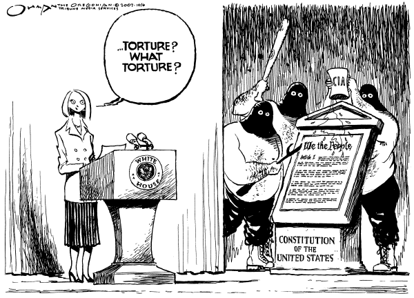 Editorial Cartoon by Jack Ohman, The Oregonian on White House: US Does Not Torture