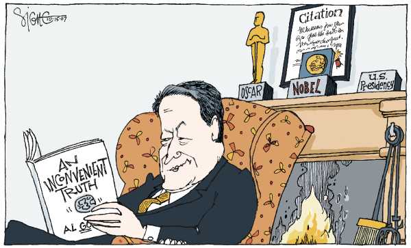 Editorial Cartoon by Signe Wilkinson, Philadelphia Daily News on Gore Wins Noblel Peace Prize