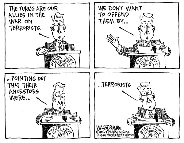 Editorial Cartoon by Dan Wasserman, Boston Globe on Turkey Upset with US Resolution