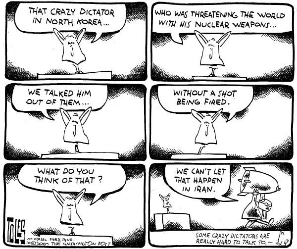 Editorial Cartoon by Tom Toles, Washington Post on Iran May Lead to WWIII, Bush Says