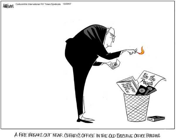 Editorial Cartoon by Ann Telnaes, CWS/CartoonArts Intl. on Fire Damages Cheney Office