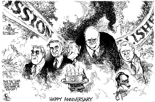 Editorial Cartoon by Pat Oliphant, Universal Press Syndicate on Milestone Reached in War