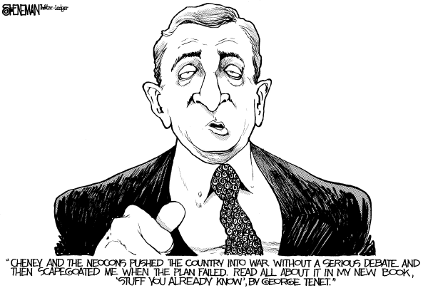 Editorial Cartoon by Drew Sheneman, Newark Star Ledger on Former CIA Director Details Road to War