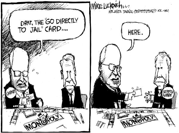 Editorial Cartoon by Mike Luckovich, Atlanta Journal-Constitution on Libby Set to Begin Sentence