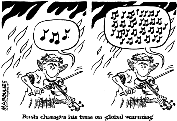 Editorial Cartoon by Jimmy Margulies, The Record, New Jersey on Bush Changes Tune on Global Warming