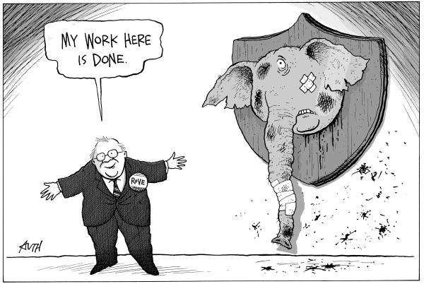 Editorial Cartoon by Tony Auth, Philadelphia Inquirer on Karl Rove Resigns