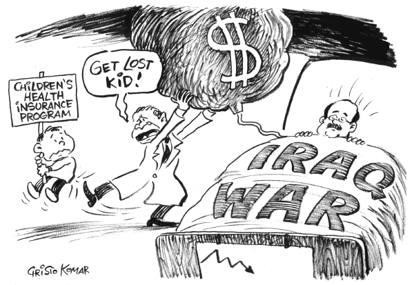 Editorial Cartoon by Christo Komarnitski, Sega, Sofia, Bulgaria on Bush Vetoes Child Health Care Bill
