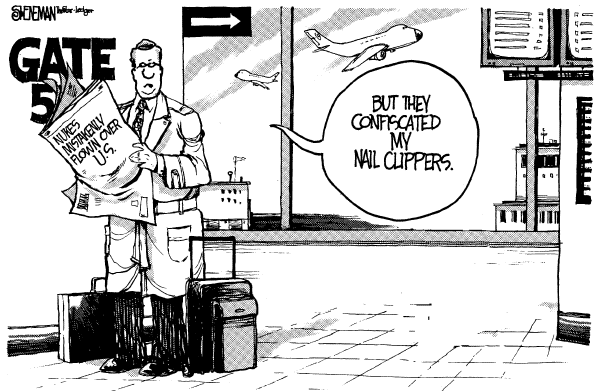 Editorial Cartoon by Drew Sheneman, Newark Star Ledger on Homeland Security Tightens