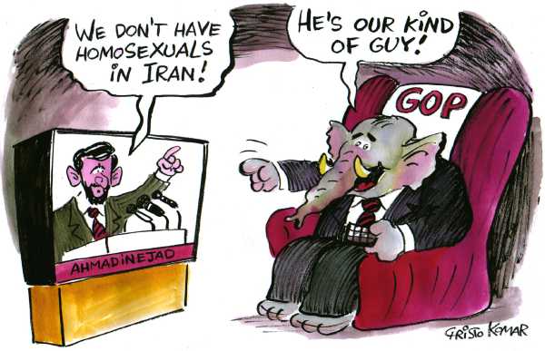 Editorial Cartoon by Christo Komarnitski, Sega, Sofia, Bulgaria on Ahmadinejad Visits US