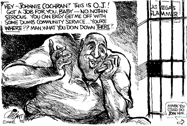 Editorial Cartoon by Pat Oliphant, Universal Press Syndicate on OJ Simpson Arrested in Las Vegas