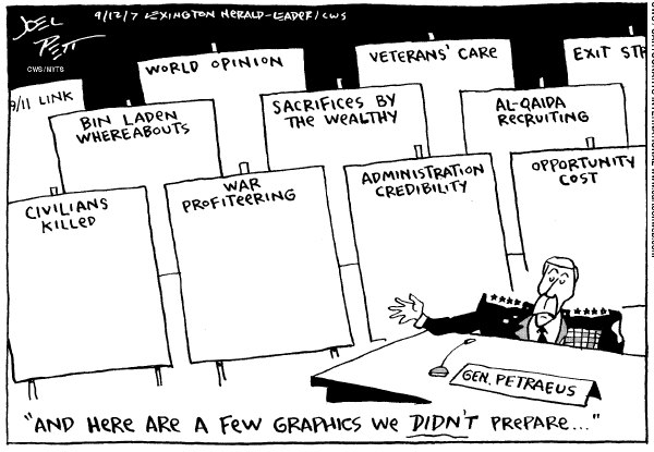 Editorial Cartoon by Joel Pett, Lexington Herald-Leader, CWS/CartoonArts Intl. on Petraeus Testifies on Iraq War