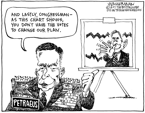 Editorial Cartoon by Dan Wasserman, Boston Globe on Petraeus Testifies on Iraq War