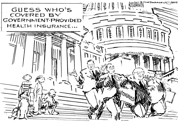 Editorial Cartoon by Rex Babin, Sacramento Bee on Bush Vetoes Health Care Bill