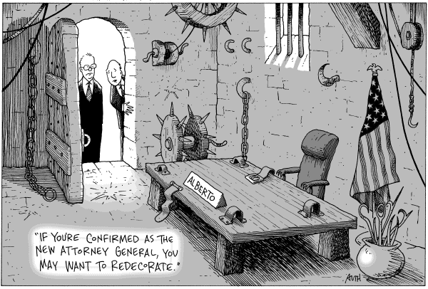 Editorial Cartoon by Tony Auth, Philadelphia Inquirer on Attorney General Nominee Testifies