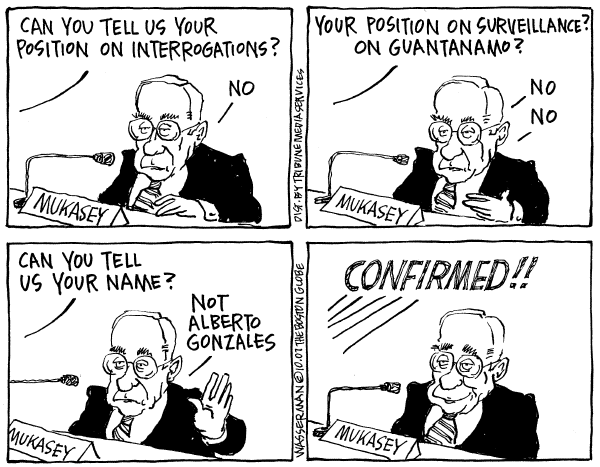 Editorial Cartoon by Dan Wasserman, Boston Globe on Attorney General Nominee Testifies