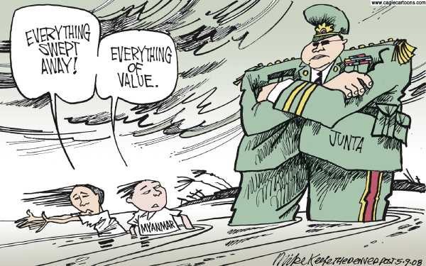Editorial Cartoon by Mike Keefe, Denver Post on Cyclone Decimates Myanmar