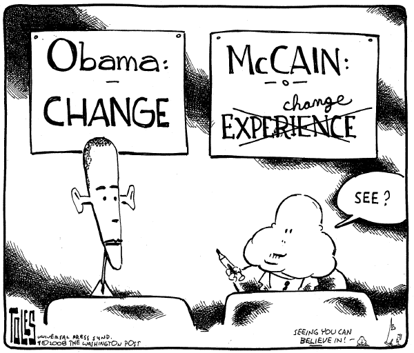 Editorial Cartoon by Tom Toles, Washington Post on McCain Launches New Campaign Theme
