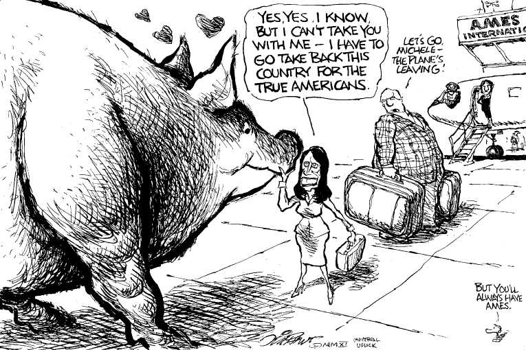 Political/Editorial Cartoon by Pat Oliphant, Universal Press Syndicate on Bachmann Wins Iowa Straw Poll