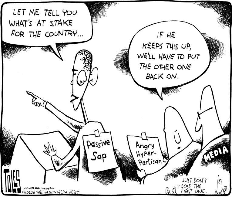 Political/Editorial Cartoon by Tom Toles, Washington Post on Obama Toughens Stance