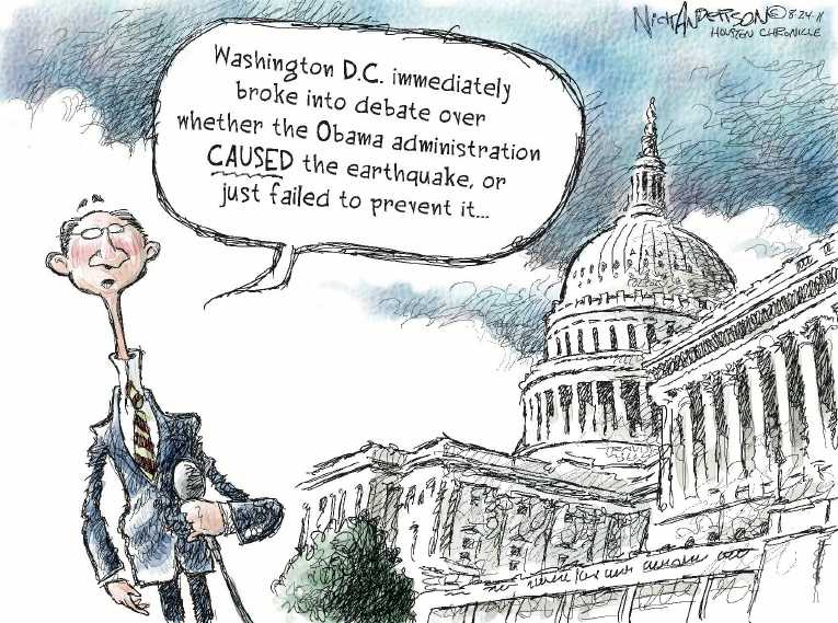 Political/Editorial Cartoon by Nick Anderson, Houston Chronicle on 5.8 Quake Jolts East