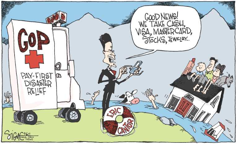 Political/Editorial Cartoon by Signe Wilkinson, Philadelphia Daily News on Floods, Fires, Ravage Nation