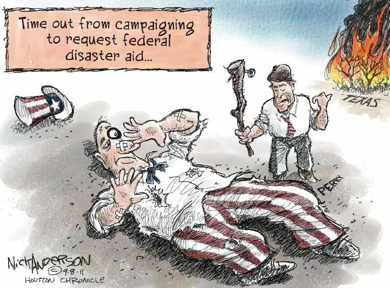 Political/Editorial Cartoon by Nick Anderson, Houston Chronicle on Floods, Fires, Ravage Nation