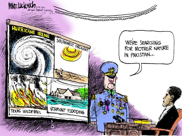 Political/Editorial Cartoon by Mike Luckovich, Atlanta Journal-Constitution on Floods, Fires, Ravage Nation