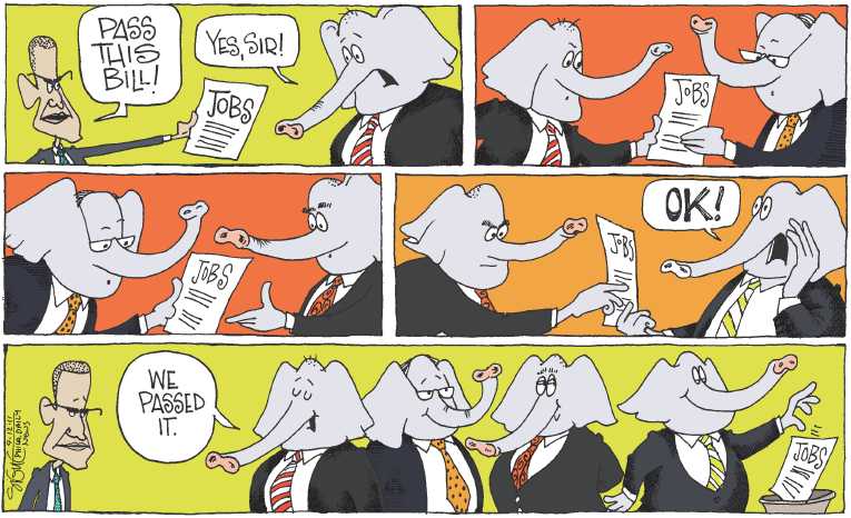 Political/Editorial Cartoon by Signe Wilkinson, Philadelphia Daily News on Obama Presents Jobs Bill